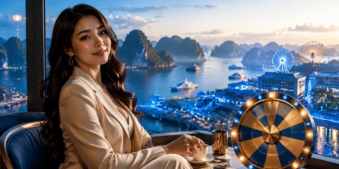 Người dùng Hạ Long uống cà phê và theo dõi kết quả quay số may mắn trên điện thoại