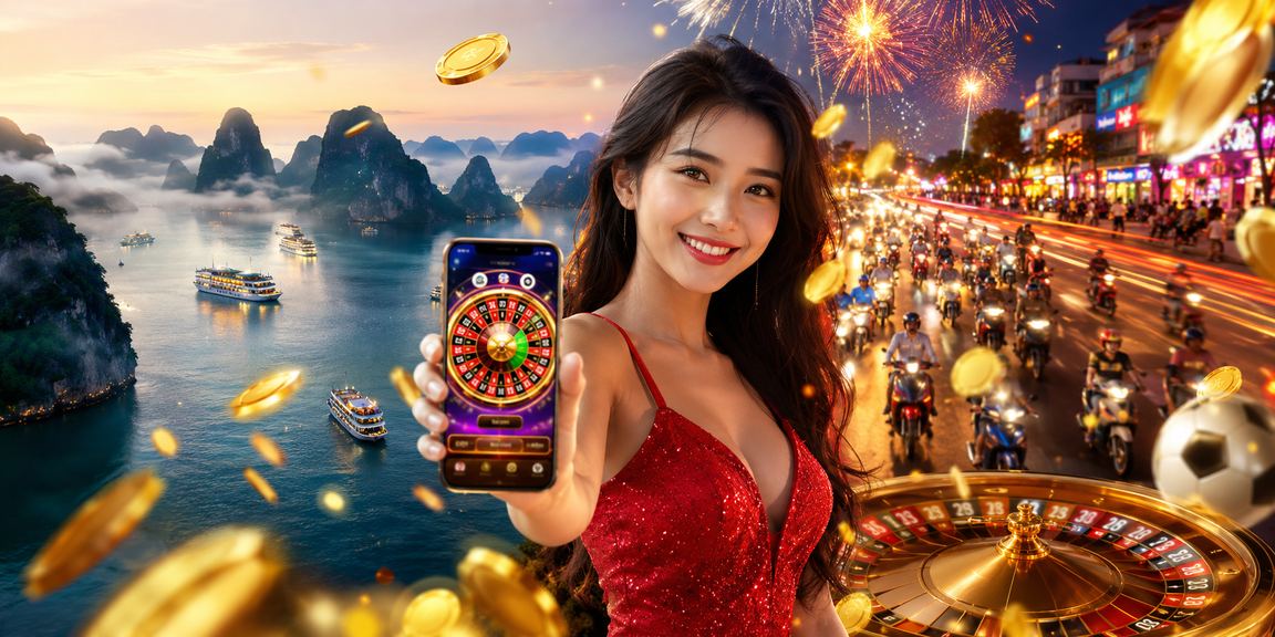 Bàn Roulette neon lung linh tại khu vực casino trực tuyến phong cách Hạ Long về đêm
